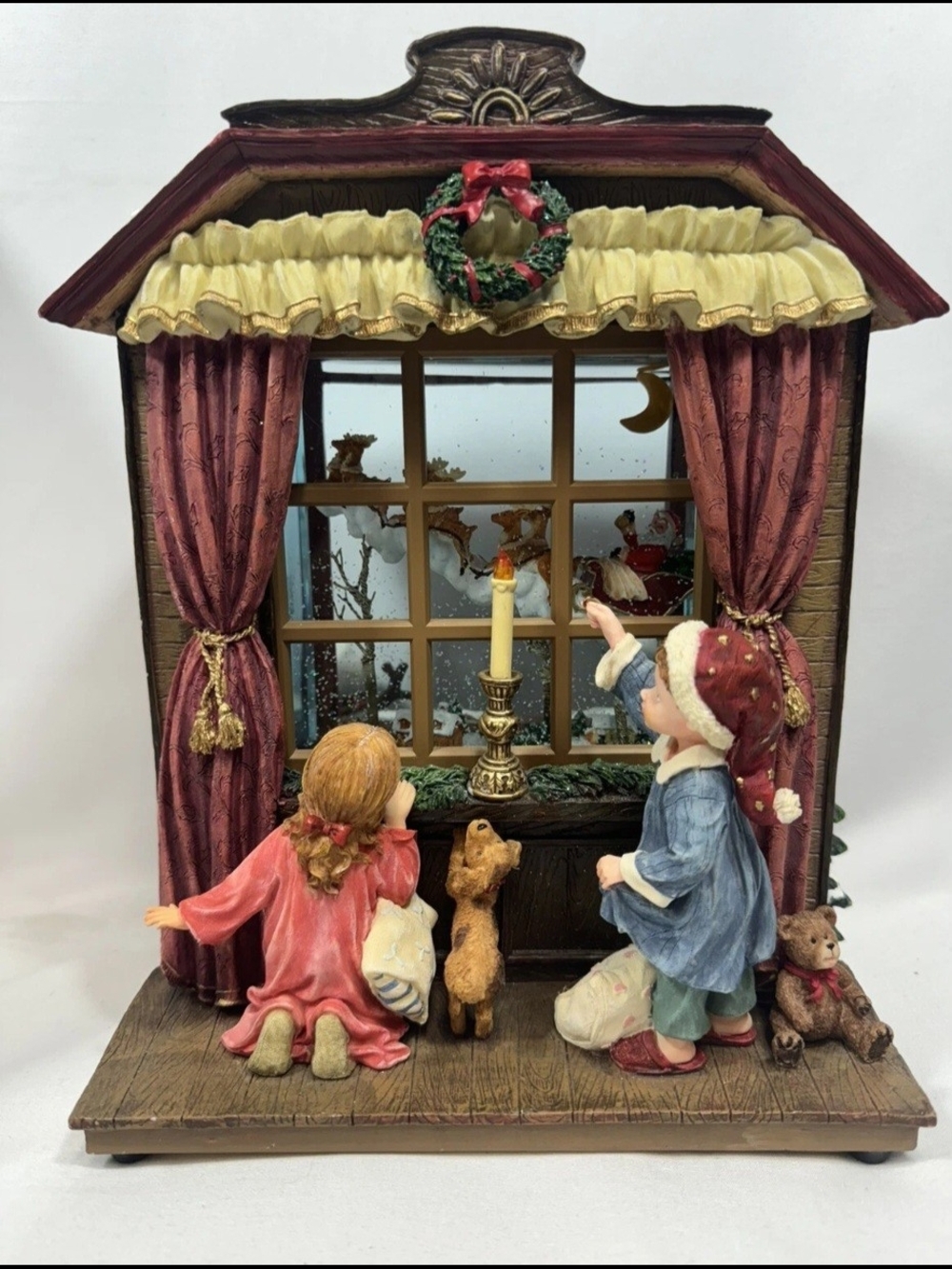 Holiday Window Scene Figurine – Burgundy & Cream Music Box